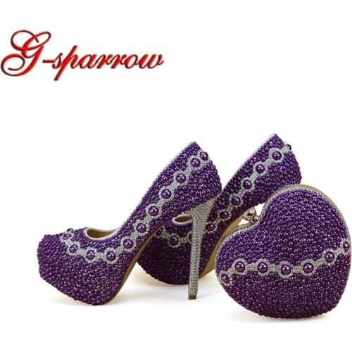 2018 Newest Design Purple Pearl Bridal Wedding Shoes With Lovely Matching Bag Delicate Handmake Stiletto Women Party High Heels