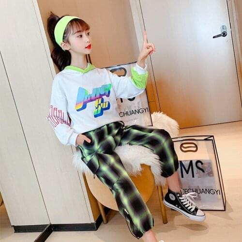 Big Girls Clothing Letter Hooded Outerwear + Lattice Pants Girls Outfits School Clothing 4 6 8 10 12 Teenage Childrens Suits