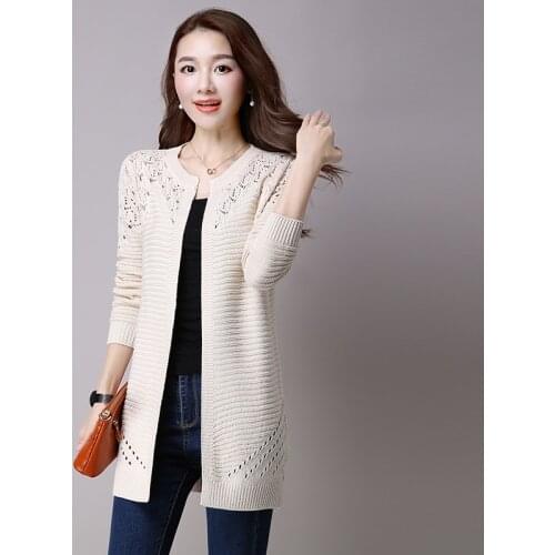Autumn Women Cardigan Solid Hollow Out Sweaters Plus Size Long Sleeve Open Stitch Female Spring Knitted Outerwear 3XL Suéteres