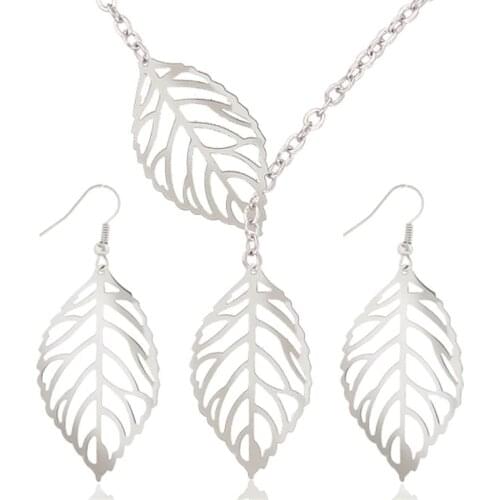 1 Set Leaves Silver Colour Hollow Dangle Drop Earrings Necklace Jewelry Sets Nice Gift for Women Lady Children