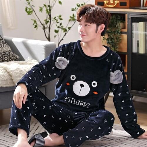 Pajamas for men sleepwear mens flannel cartoon winter sleep suit pajama set male mens pyjamas warm for sleeping nightwear