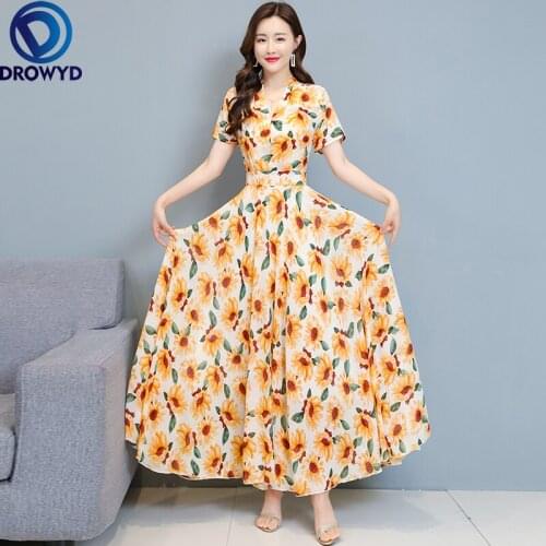 2021 Casual Yellow Floral Printed A-line Dress Summer Boho Chiffon Party Dress Women Elegant Retro Long Big Swing Dress Vestidos