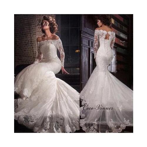 Vintage Boat Neck Embroidery Long Sleeves Mermaid Wedding Dresses Lace up Tulle Train vestido Novia Negro Stylish W0617