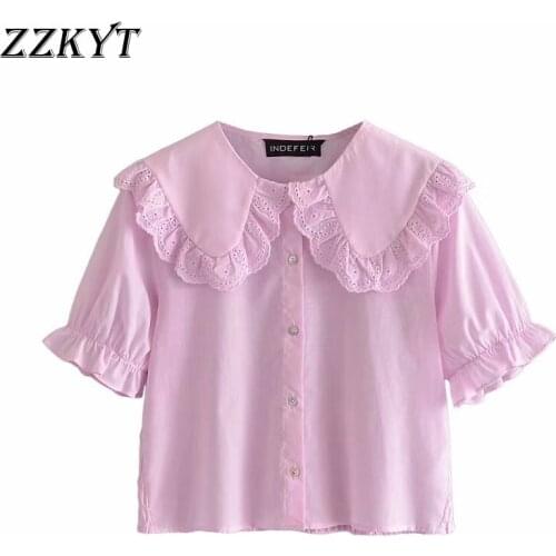 ZZKYT 2021 Women Summer Fashion Solid Embroidery Cropped Blouses Vintage Lapel Collar Short Sleeve Female Shirts Chic Tops