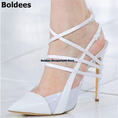 Mixed Color White Straps Heeled Sandals Slingback Pointy Toe Stiletto Heeled Runway Designer Ladies High Heel Party Dress Shoe