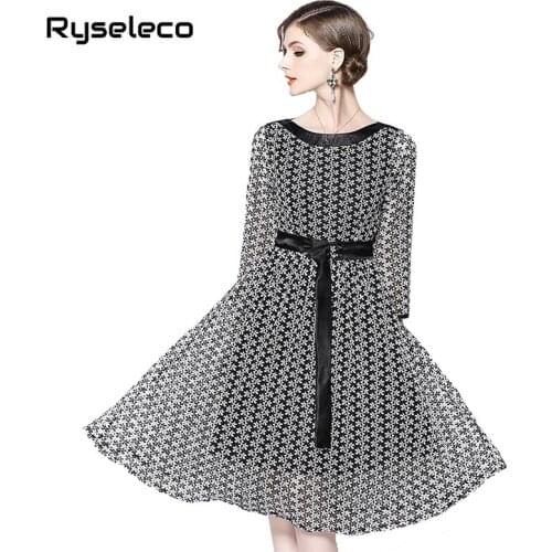 Women Autumn 3/4 Sleeve Black Lace Dresses Girls Sweet Chic Crochet Floral Lace Patches Ties Lace Up Midi Casual Party Vestidos