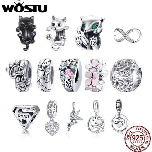 WOSTU Authentic 925 Sterling Silver Hot Sale Cat Flowers Charms Pendant Fit Bracelet Women Party Fashion DIY Jewelry Gift Making