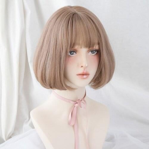 BOBO wig female temperament air bangs short straight hair brown black lolita cosplay wig