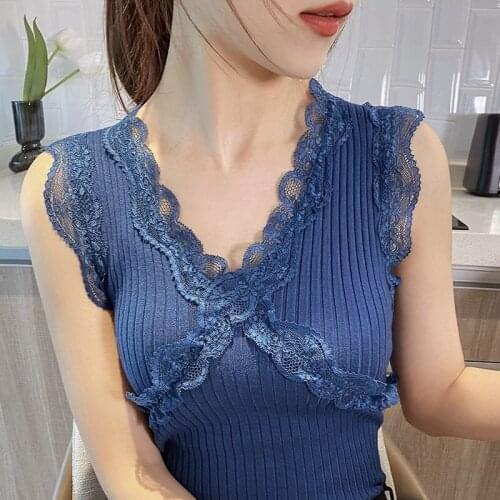 Womens Sexy Knitted Spring Summer New Suit Lace Bottom Top for Women V nect Sleeveless Tank Tops