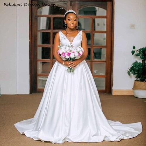 Elegant A Line Satin Wedding Dresses White Sweep Train Backless V-neck Long Bridal Gown 2021 Robe De Soirée De Mariage