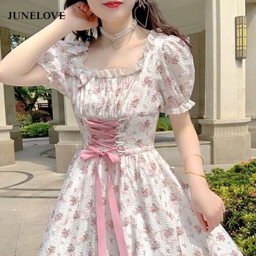 Elegant Floral Dress Women Lace Up Korean Princess Fairy Sweet Midi Dress Bandage Chic Designer Puff Sleeve Casual Dress Summer