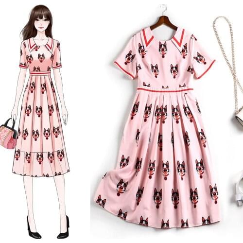 Summer Sweet Pink Dress Fashion Short Sleeve Animal Print Women Pleated Dresses High Wasit Female Dresses Plus Size XL-5XL G977