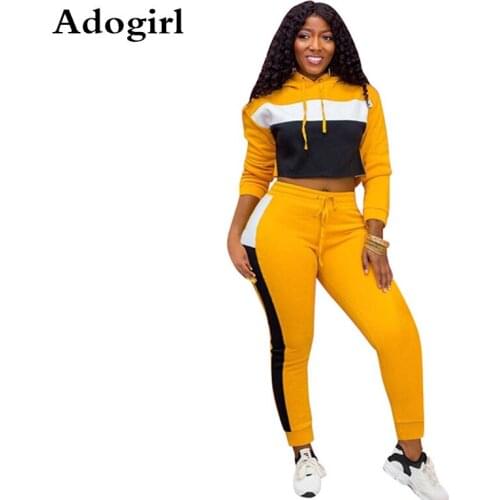 Winter Womens Full sleeve Hoodies Crop Sweatshirt + Pants Tracksuit Color Patchwork 2 Piece Set Fashion Woman Casual Outfits