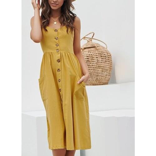 Singel Breasted Dress High Waist Low Cut Top Plain Dress Pocket Women Sukienka Spaghetti Strap Sundress Cotton Summer Sleeveless