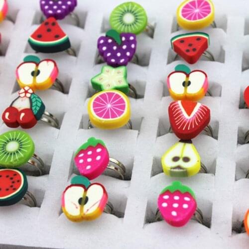 10pcs Polymer Clay Metal Children Kids Boys Girls Cartoon Flowers Fruit Finger Rings Gift AC889