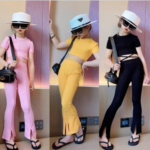 2021 Korea style girls 2 pcs set t-shirt+flare pants cotton fashion summer girls suit 3-8t B220
