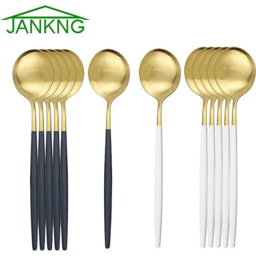 6Pcs Dessert Spoon White Gold Matte Cutlery Stainless Steel Dinnerware Spoon Silverware Kitchen Flatware Black Gold Tableware