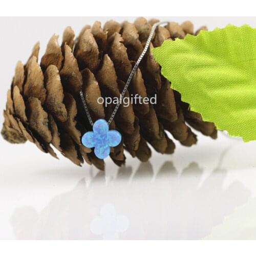 Free Shipping 10mm 4 leaf flower opal pendant with 925 Sterling Silver Synthetic Light Blue Clover Opal Necklace From Opalgifted