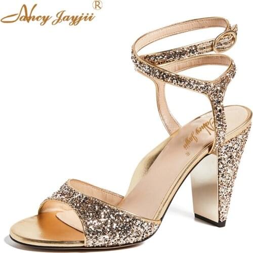 Gold Sequined Cloth Luxury Ankle Strap Sandals 2021 Summer Women’S Party Wedding Elegant Bling Super High Spike Heels Shoes