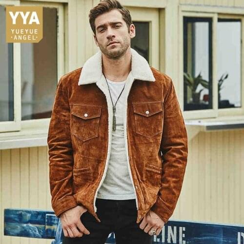 Brand Genuine Leather Pigskin Jacket Men Fashion Street Lambswool Warm Outwear American Style High Quality Biker Coat XS-3XL