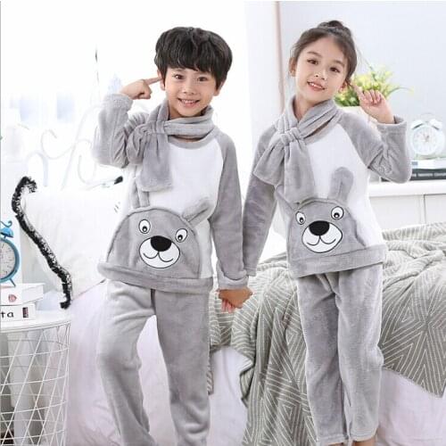 Flannel Christmas Pajamas Baby Autumn Winter Long Sleeve Warm Flannel Sleepwear Set Comfort Girl Boy Nightwear Set+ Scarf