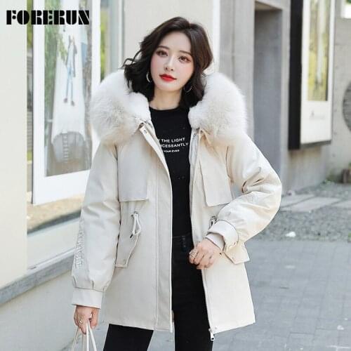 FORERUN Velvet Puffer Jacket Parkas Faux Fur Collar Detachable Hooded Slim Waist Elegant Winter Womens Cold Outwear 7 Color