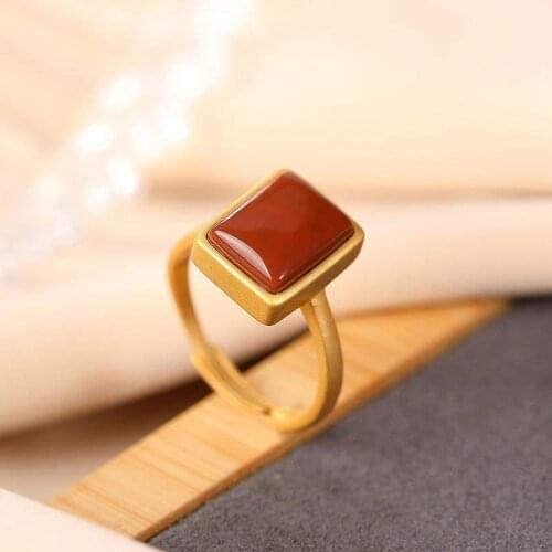 New S925 Sterling Silver Gold-Plated Natural Agate South Red Ring All-Matching Fresh Square Womens Open Ring for Women