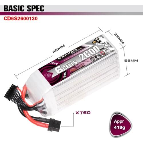 CODDAR 2600mAh 6S 22.2V 130C Lipo Battery With XT60 Plug For Fixed Wing RC Quadcopter Helicopter FPV Racing Drone Parts