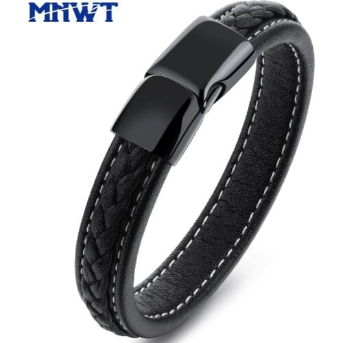 MNWT Punk Men Bracelets Fashion Jewelry Black Leather Bangles Mn Stainless Steel Magnetic Buckle Bracelet Pulseiras Masculinos