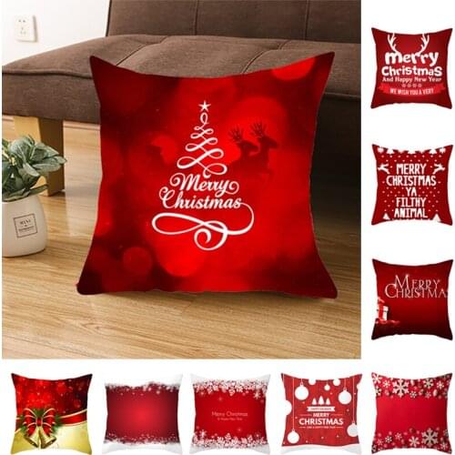 Christmas Cushion Cover 45*45 Red Merry Christmas Printed Polyester Decorative Pillows Sofa Home Decoration Pillowcase