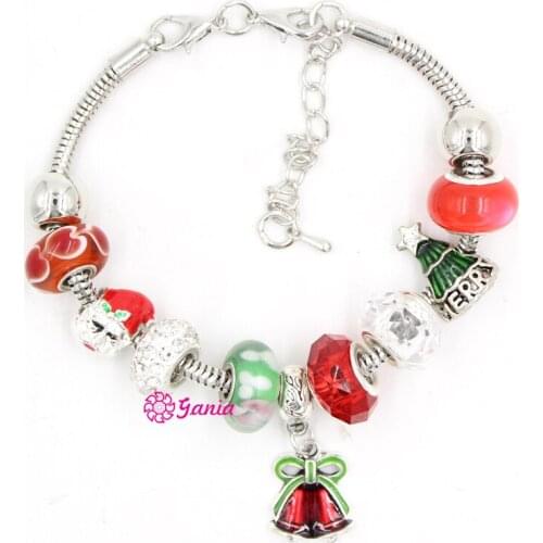 New Arrival Fashion Jewelry Bracelet Lampwork Murano Glass Beads Xmas Tree Santa Bell Charm Bracelets for Christmas Gift Jewelry