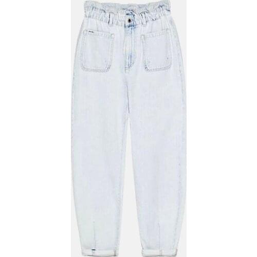 Regular Paperbag Elastic Waist Womens Jeans Ice Blue