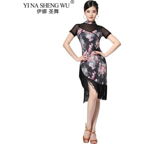 Women Latin Dance Dress Samba Performance Costumes Sexy Party Short-sleeve Mesh Stretchy One-piece Retro Latin Dance Cheongsam