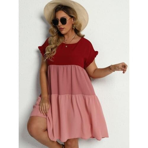 Plus Size Dresses Woman Summer 2021 Fashion O Neck Short Sleeve Contrast Multicolor Elegant Dress Short Mini Beach Dresses