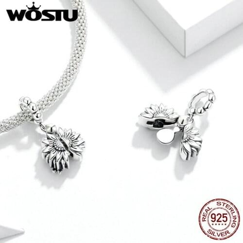 WOSTU Authentic 925 Sterling Silver Sunflower with Smiling Face Beads for Making Silver Charm fit Original Bracelet DXC1661