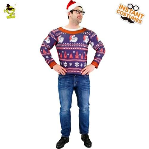 QLQ Adult Man Christmas Santa Striped Ugly Costume with Christmas Hat Adult Male with Printed Striped Christmas T-shirt