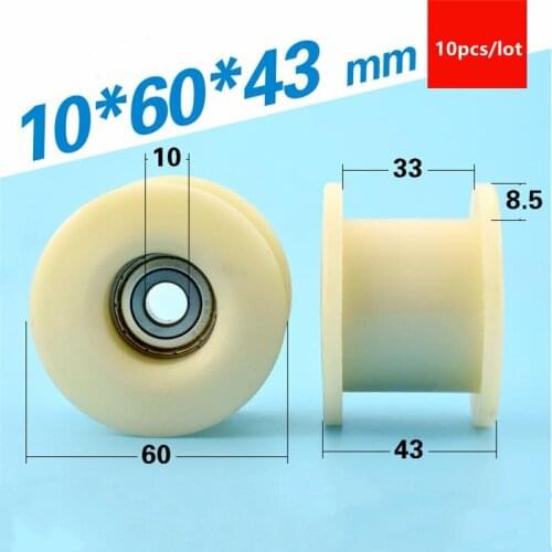 10pcs 10*60*43 mm Nylon coated plastic H type groove safety door pulley roller injection molding machine wheel 6000ZZ 10x60x43