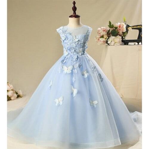 Blue Tulle Baby Girl Dress Butterfly Lace Newborn Flower Girl Baptism Dress 1 year Birthday Party Wedding Christening Dresses