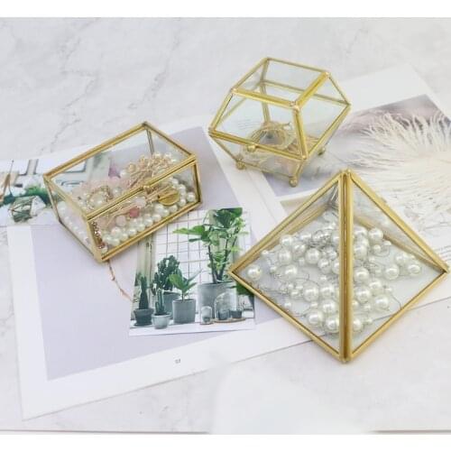 Vintage Golden Glass Lidded Box Decorative Jewelry Keepsake Display Organizer Clear Rectangle Box Rings Bracelet Golden Organize