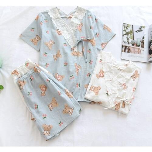 Japanese Pajamas Set Women Cotton Gauze Kimono Short Sleeved Sleepwear with Shorts Summer Cool Loose Comfortable Cute Homewear