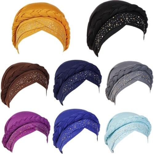 Women Muslim Braid Turban Cap Rhinestone Chemo Head Wrap Hair Loss Beanie Hat
