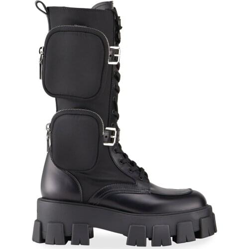 Womens Shoes Leather Zip Pocket Tall Combat Boots