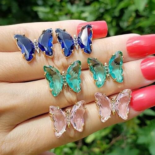 Shiny Side New Accessories Elegant Crystal Butterfly Stud Earrings for Women Simple Style Candy Color Insect Earrings