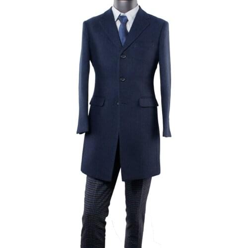 Business Casual Long Coat Dark Blue Herringbone Tailored 2021 Tweed Medium Long Jacket Mid-Length Coats Mid Length Winter Blazer