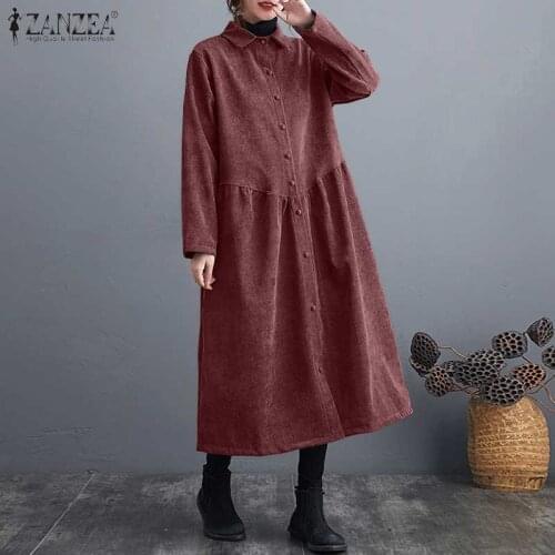 Elegant Corduroy Shirt Dress Womens Spring Sundress ZANZEA Casual Long Sleeve Mid-Claf Vestidos Female Button Robe