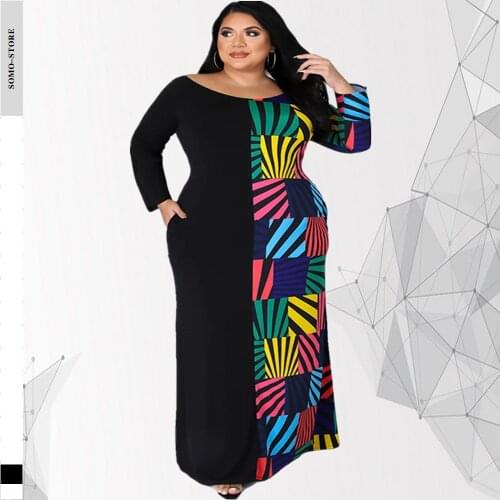 Plus Size Womens Dresses Autumn Tight-fitting Long Sleeved Round Collar Pocket Patchwork Printed Dress Wholesale Dropshipping
