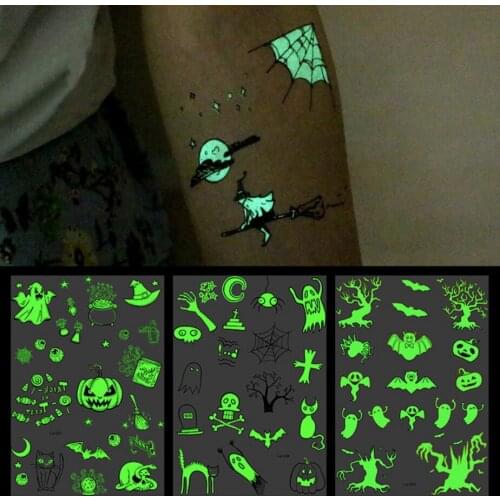 1 sheet Glow in the Dark Luminous Tattoo Sticker Halloween ghost witch designs Waterproof Tattoo fluorescent noctilucent night