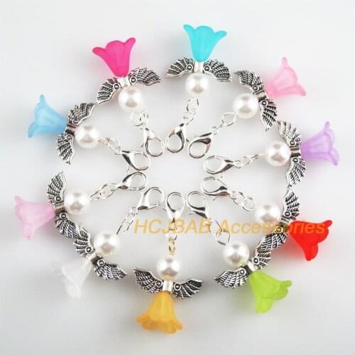 10 New Angel 21.5x26mm Charms Mixed Flower Acrylic Tibetan Silver Tone Retro With Lobster Claw Clasps