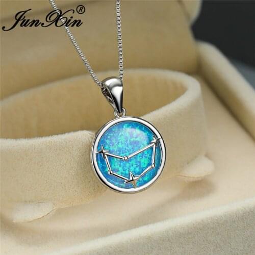 12 Constellation Blue Fire Opal Pendant Necklaces For Women White Gold Leo Cancer Virgo Necklace Round Birthstone Party Jewelry