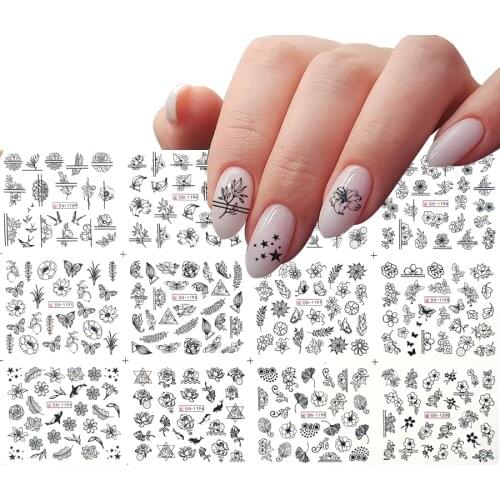 12 styles Black Flower leaf Water Transfer Nail Art Sticker Decals Hollow Floral Butterfly Nail Art Tattoo Slider Summer Designs